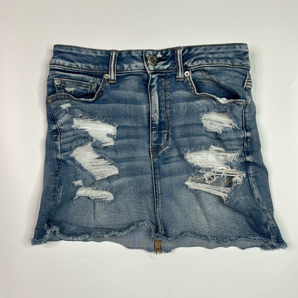 American Eagle Next Level Stretch X Hi Rise Mini Distressed Jean Skirt 6 Regular